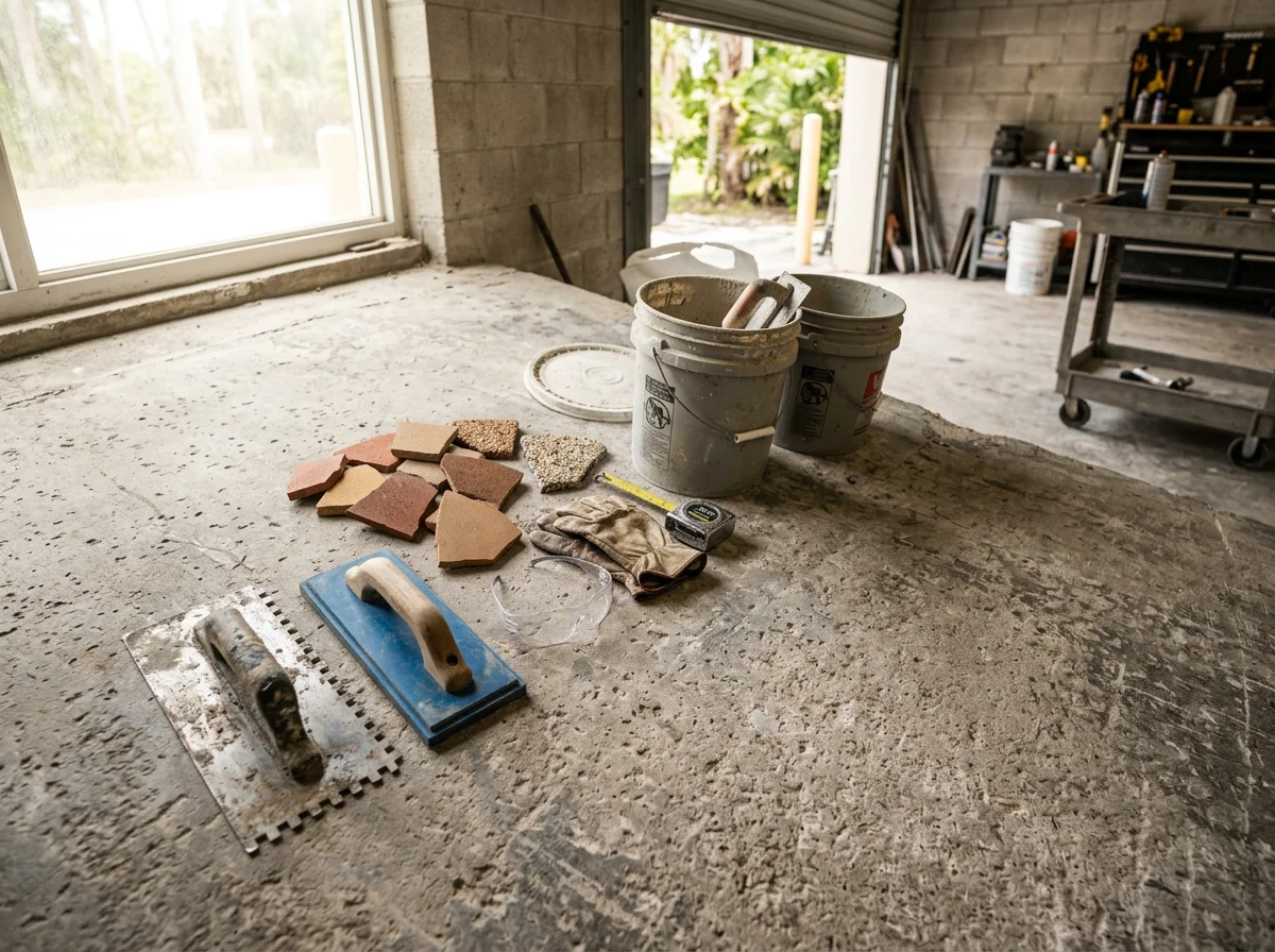 Professional surfacing tools and materials arranged on a work surface, showcasing the equipment used for rubber stone installation.