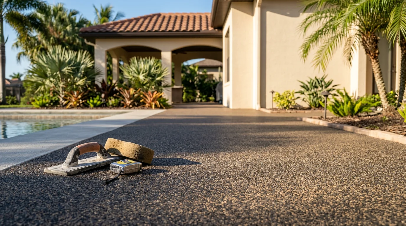 Rubber stone flooring installed on a residential pool deck in Southwest Florida