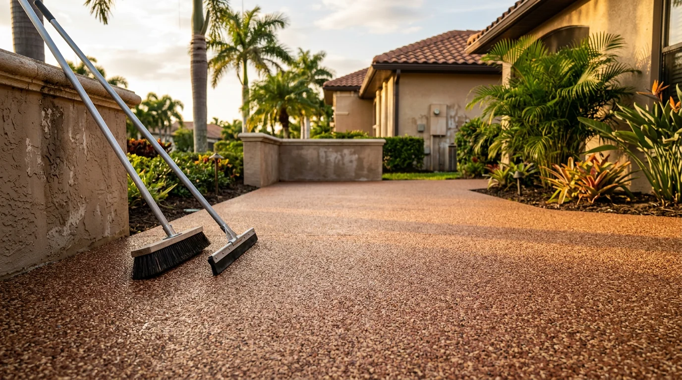 Newly resurfaced lanai with rubber stone material in a Southwest Florida home