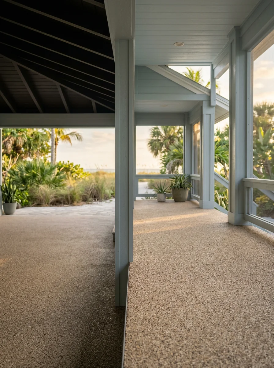 Rubber Stone lanai surfacing at a Bonita Springs beachfront property near Barefoot Beach, showing the textured, barefoot-friendly surface in a covered outdoor living area.