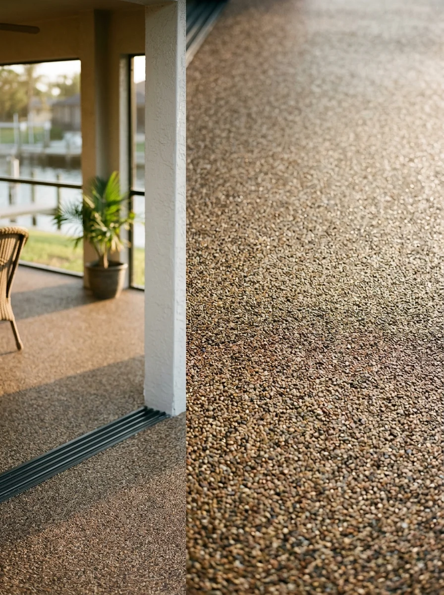 Close-up of Rubber Stone lanai surfacing at a Cape Coral waterfront property, showing the custom-color, barefoot-friendly surface in a covered outdoor living area.