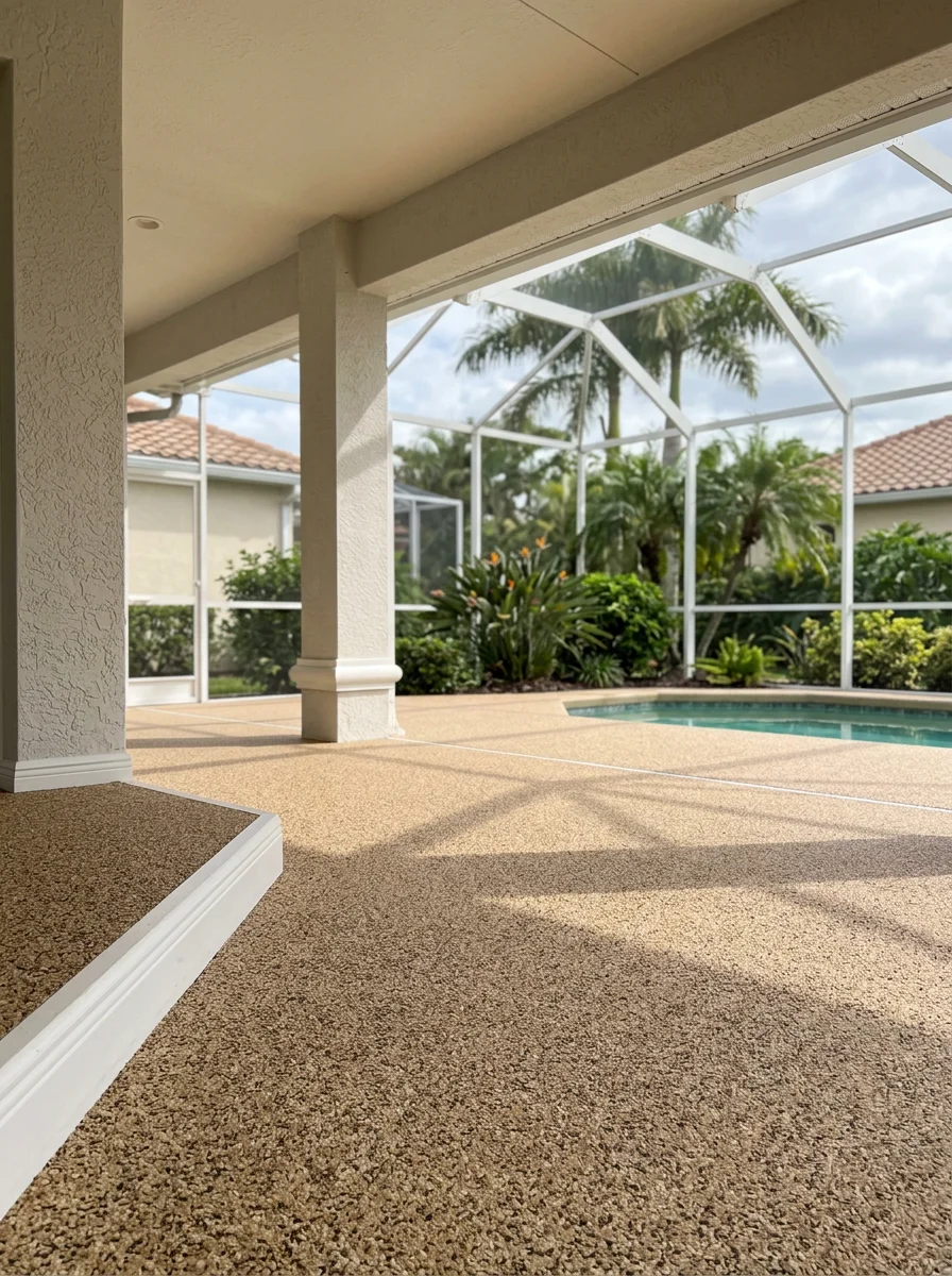 Rubber Stone lanai surfacing at an Estero gated community home, showing the textured, barefoot-friendly surface in a covered outdoor living area adjacent to a screened pool.