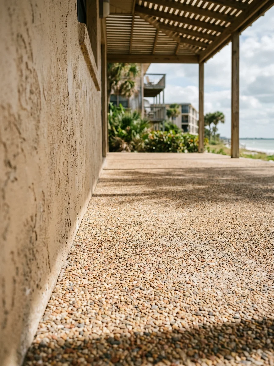 Close-up of Rubber Stone lanai surfacing at a Fort Myers Beach vacation property along Estero Boulevard, showing the barefoot-friendly, salt-air-resistant surface in a covered outdoor living area.