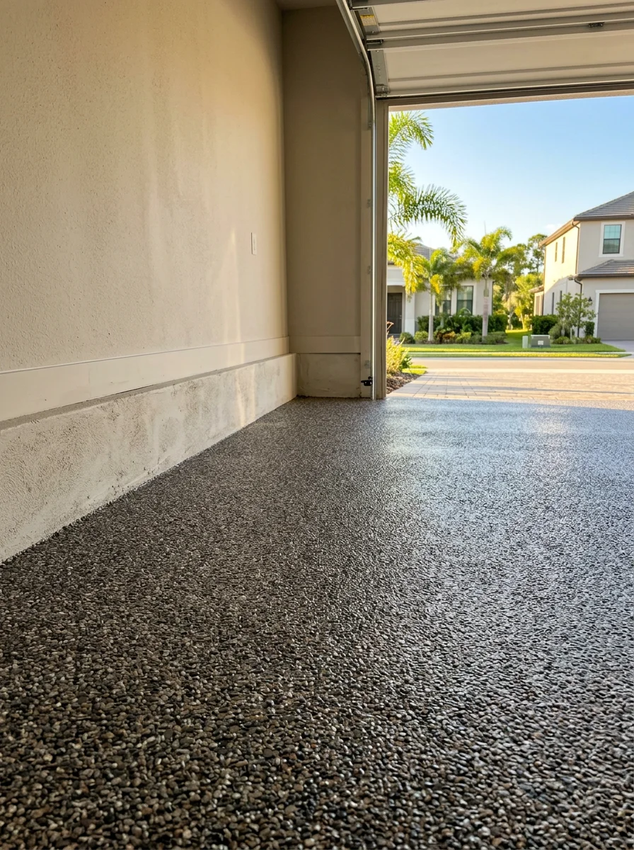 Rubber Stone garage floor surfacing in a Fort Myers master-planned community home, showing a clean, slip-resistant finished surface inside an attached two-car garage.