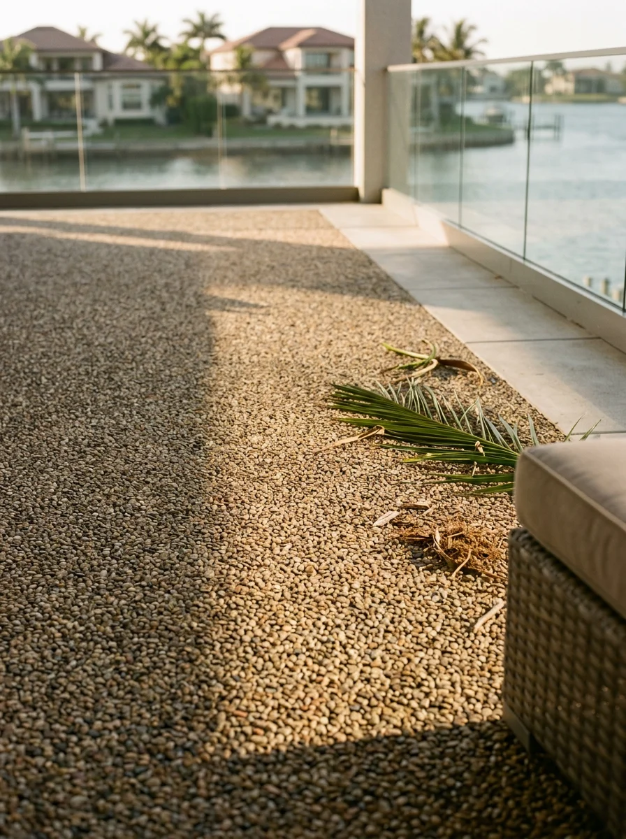 Close-up of Rubber Stone lanai surfacing at a Naples waterfront property, showing the textured, barefoot-friendly surface adjacent to an outdoor living area.