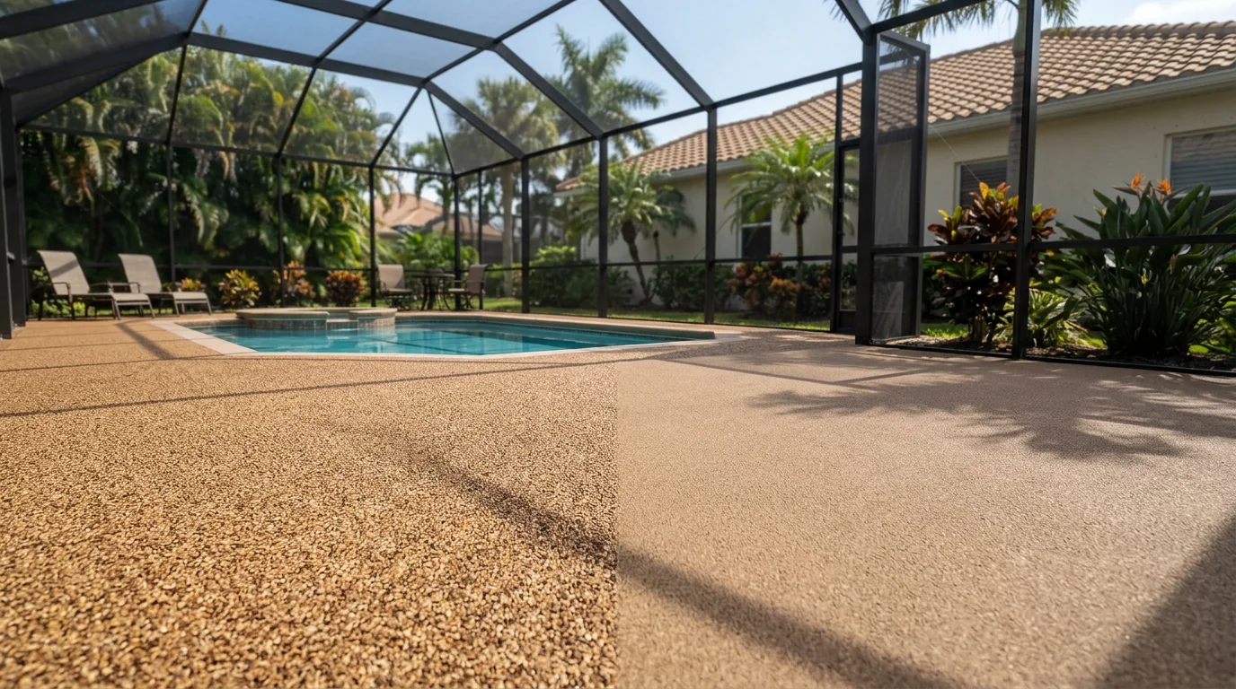 Rubber Stone pool deck surfacing installed around a screened pool enclosure at a Naples, FL home, showing slip-resistant texture and custom color finish under bright Gulf Coast sunlight.