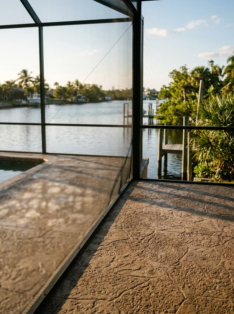 Rubber Stone pool deck surfacing at a North Fort Myers Caloosahatchee River-front property, showing the slip-resistant textured surface around a screened pool enclosure adjacent to the waterway.