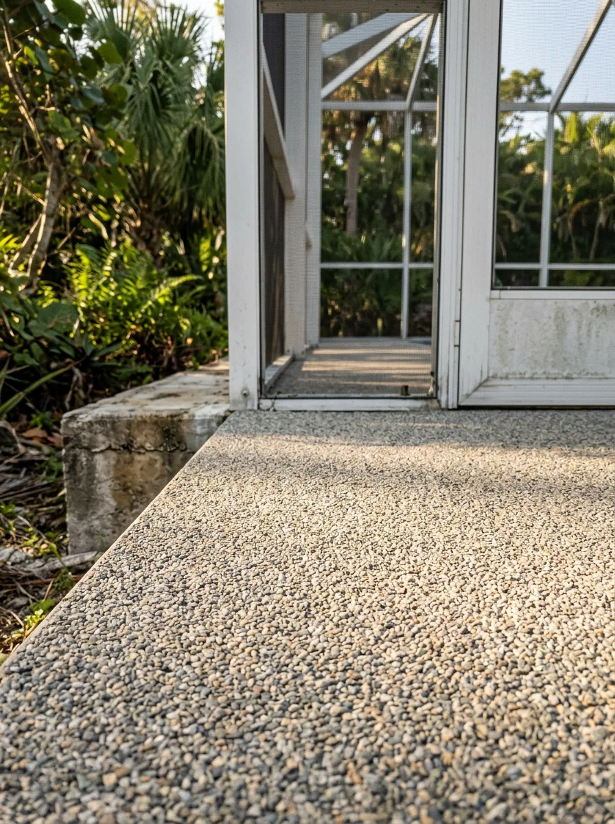 Close-up of Rubber Stone lanai surfacing at a Sanibel Island coastal property, showing the barefoot-friendly, salt-air-resistant surface adjacent to a screened outdoor living area.