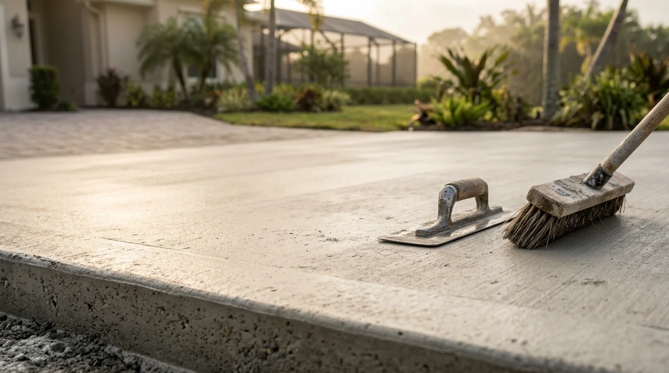 A freshly finished concrete driveway with a broom texture in a residential Naples, FL neighborhood, showing clean edges and a uniform surface ready for Florida's sun and rain. The surrounding landscaping and palm trees reflect the Southwest Florida setting.