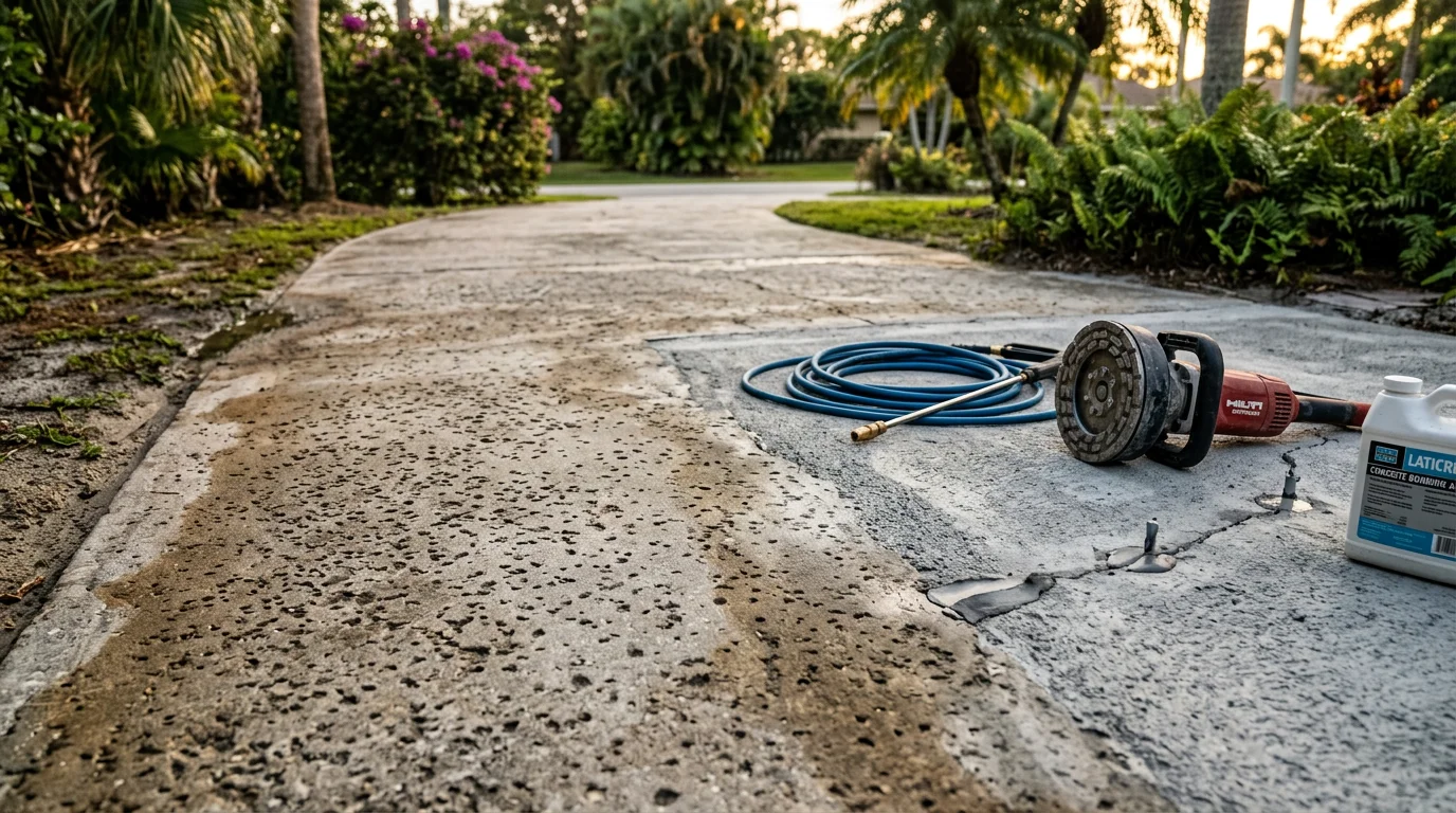 Close-up of a repaired concrete driveway surface in Naples, FL, showing a smooth, crack-free finish alongside the surrounding coastal landscaping. A before-and-after view of spalling and crack damage restored to a clean, even surface on a Southwest Florida residential property.
