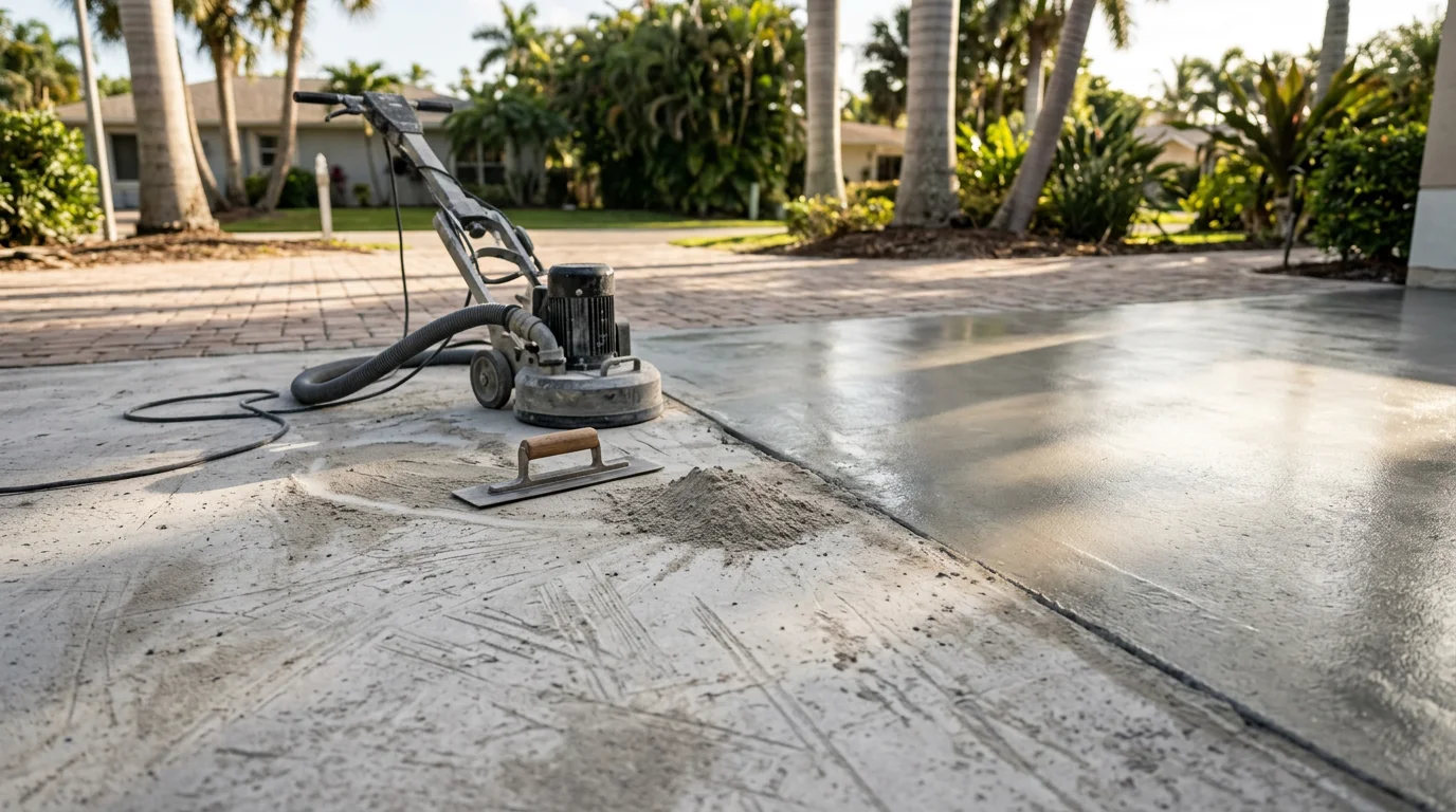 Freshly resurfaced concrete pool deck at a Naples, FL residential property, showing a smooth, textured overlay finish under bright Florida sunlight. The surrounding landscaping and screened lanai reflect a typical Southwest Florida outdoor living space.