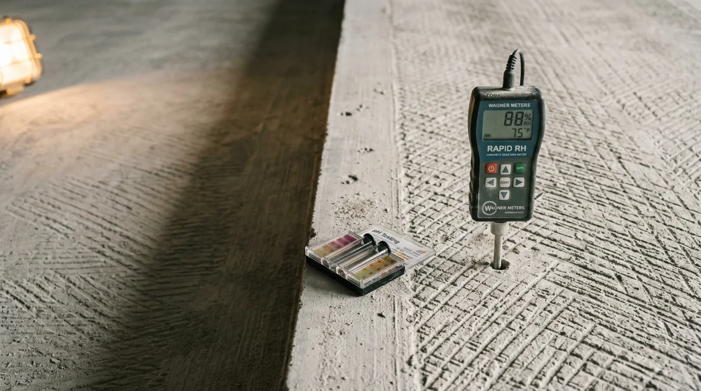 A concrete slab in Naples, FL being mechanically ground and profiled during surface preparation, with dust extraction equipment visible and the raw concrete surface exposed and ready for coating. Close-up view shows the clean, textured surface profile created for proper adhesion.