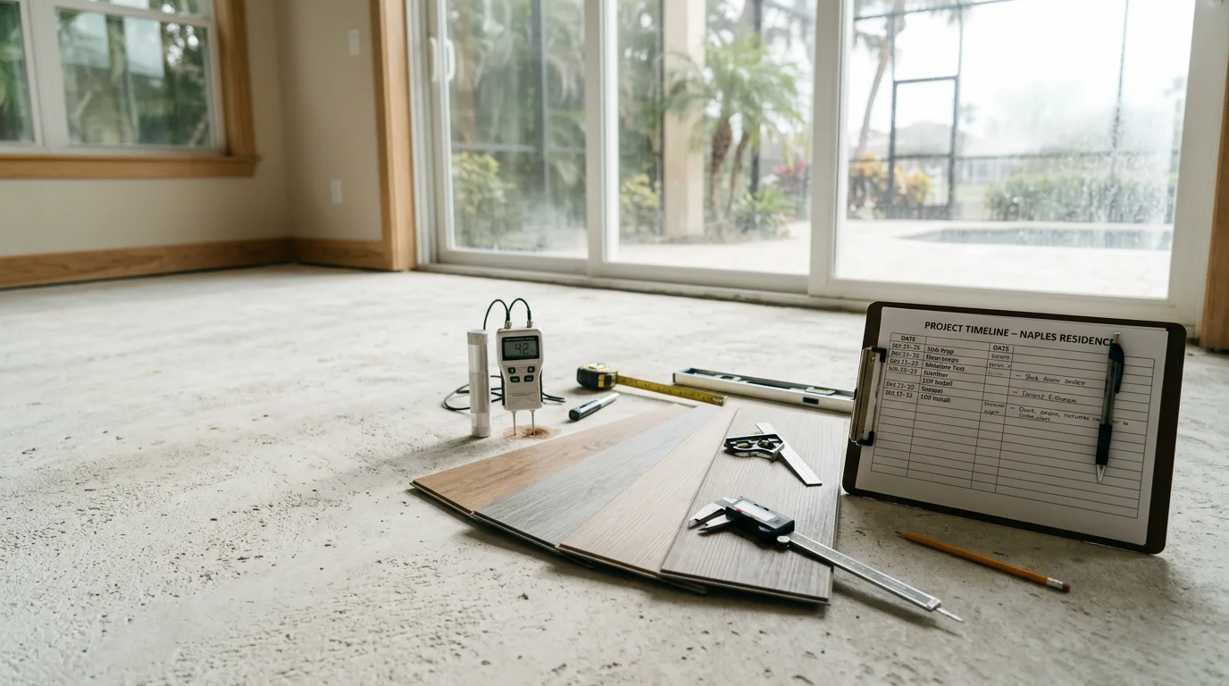 A Naples, FL home interior showing a completed flooring surface with clean transitions between rooms, reflecting the results of coordinated flooring project management in a coastal Southwest Florida property.