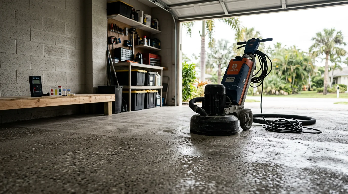 A freshly surfaced garage floor inside a Naples, FL home, showing a smooth, sealed finish free of cracks, stains, and pitting. The non-porous surface reflects the overhead light cleanly, with a parked vehicle visible near the garage door threshold.