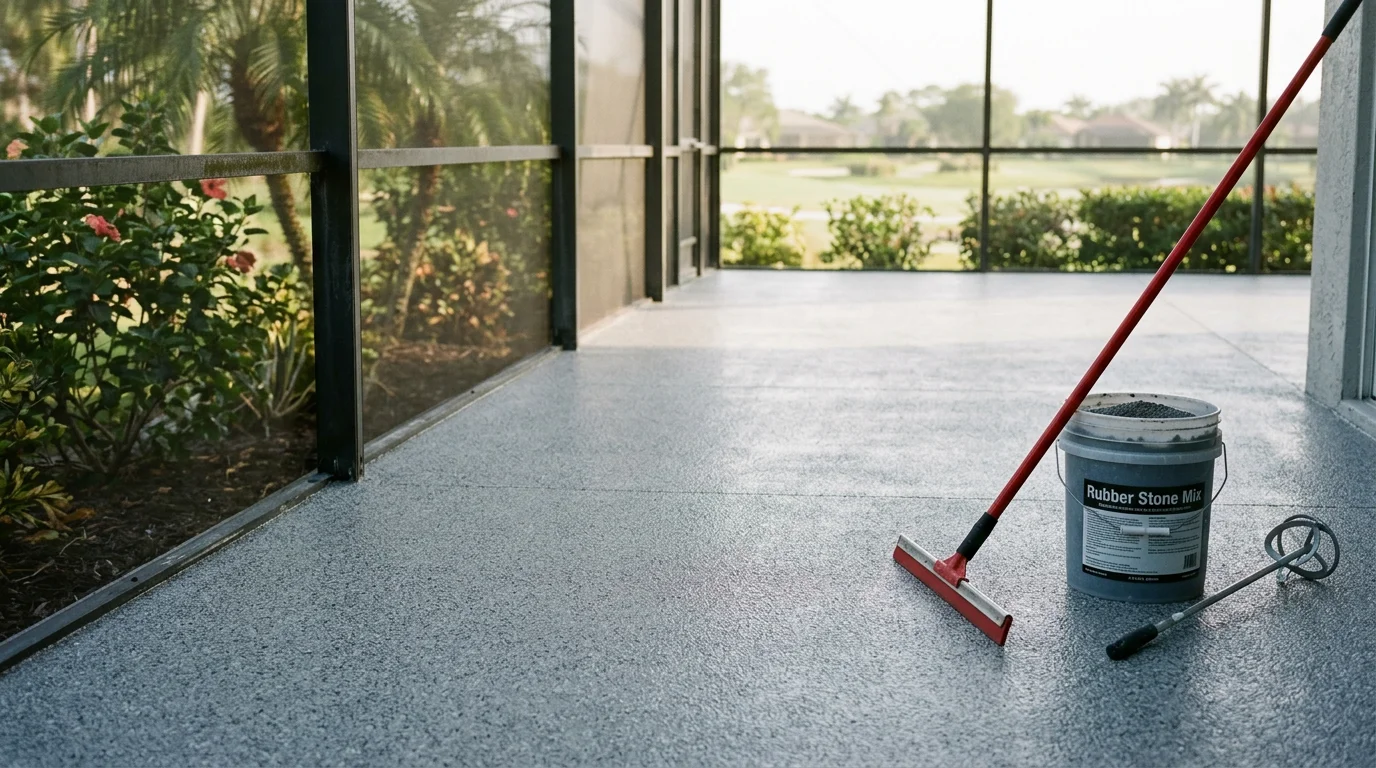 Finished rubber stone lanai surface on a Naples, FL home, showing a seamless, textured floor inside a screened enclosure with natural light and no visible grout lines.