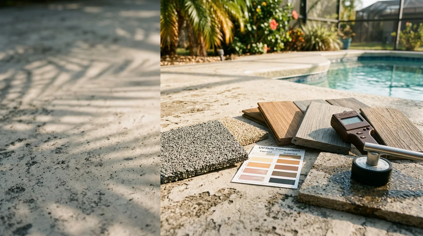 A Naples homeowner reviewing rubber stone surfacing material samples with a contractor on an outdoor patio. Concrete substrate and a pool deck edge are visible in the background under bright Florida sunlight.