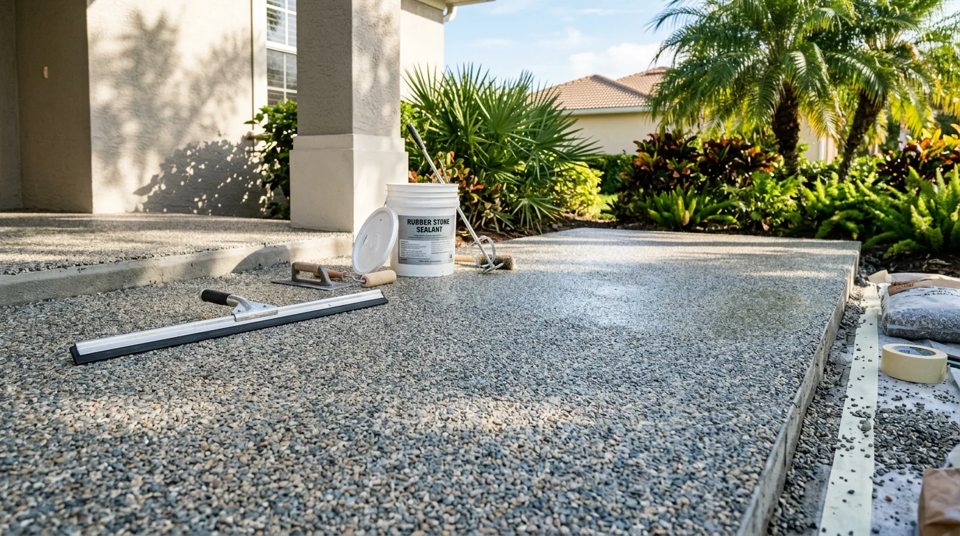 Finished rubber stone outdoor surface on a Naples, FL residential property, showing a smooth, slip-resistant walkway and courtyard area under bright Florida sun. The surface covers an area previously finished in aging concrete, with clean edges and consistent color throughout.