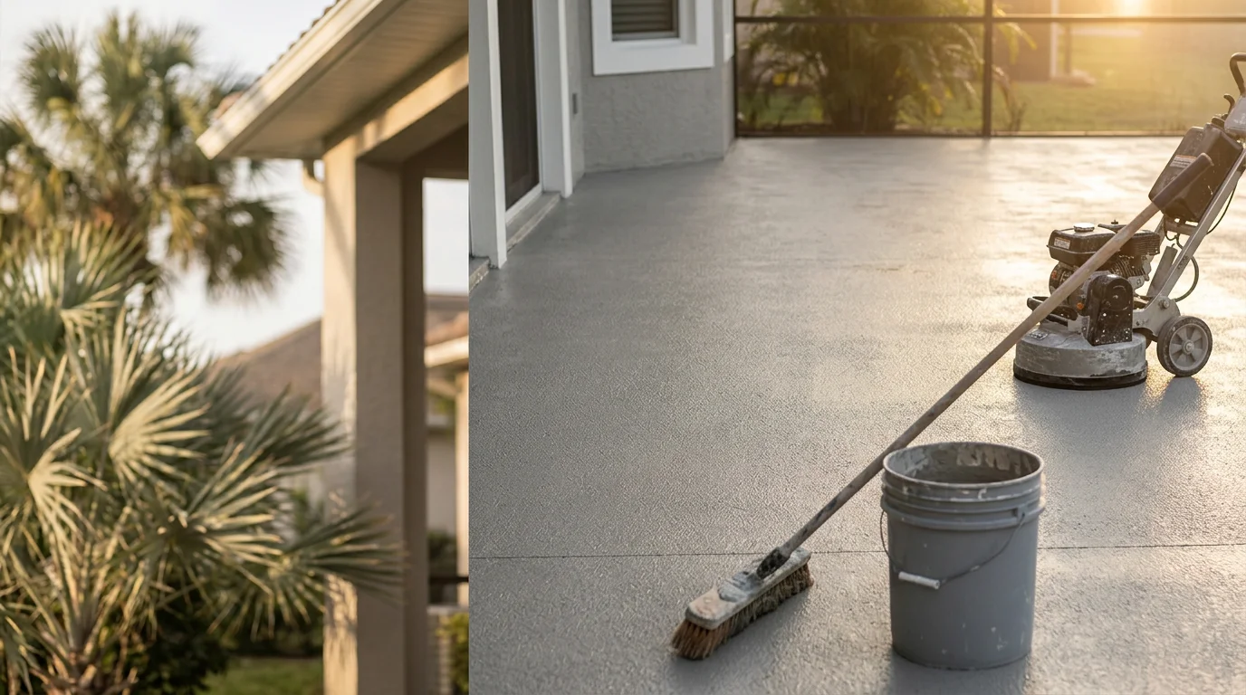 Freshly resurfaced concrete patio at a Naples, FL home showing a smooth, even surface finish. The outdoor living area is surrounded by Florida landscaping under bright Southwest Florida sunlight.