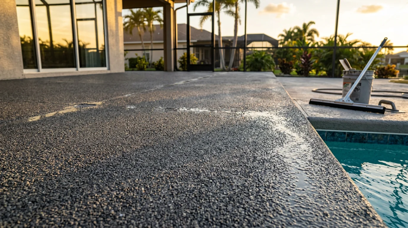 Freshly applied rubber stone pool deck surfacing around a residential swimming pool in Naples, FL, showing a seamless, textured finish in a warm neutral tone. The surface surrounds the full pool perimeter with no visible cracks or joints under bright Florida sunlight.