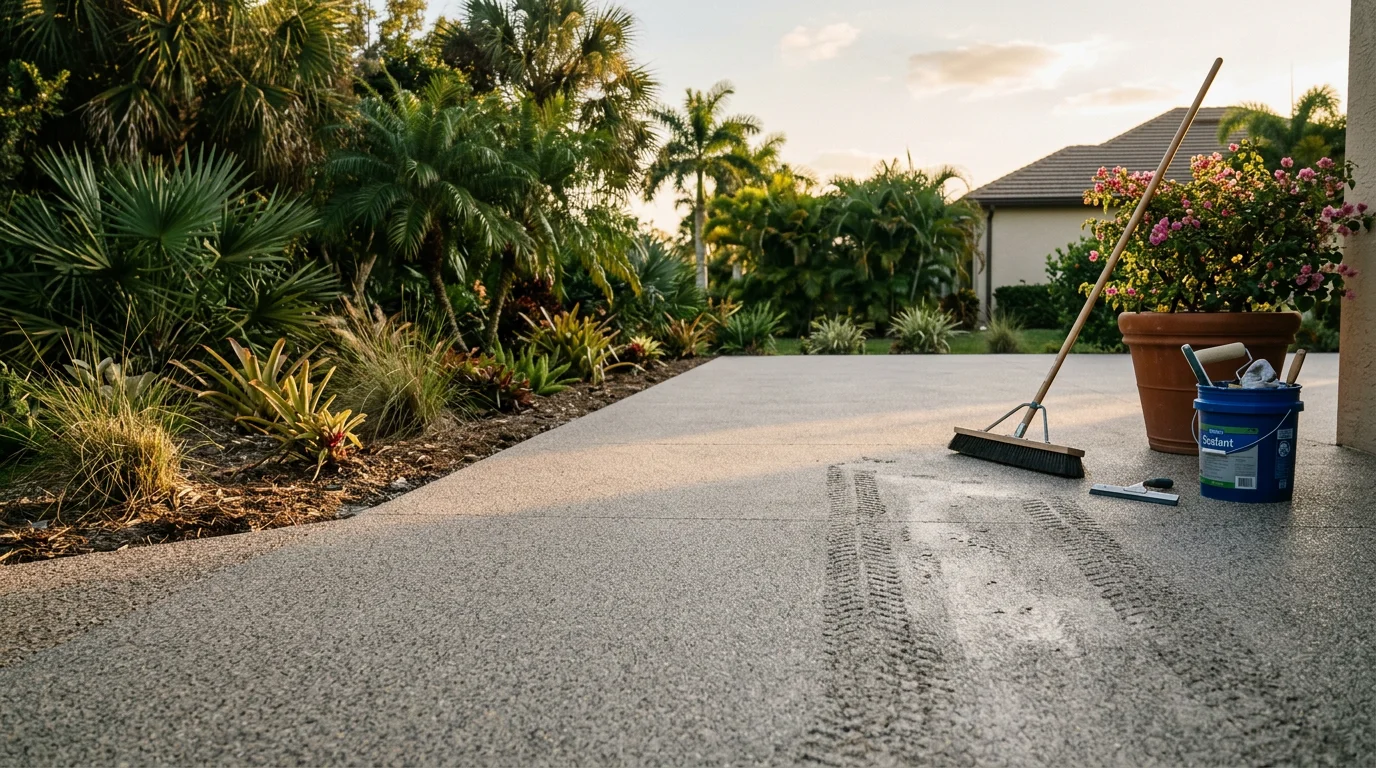 Freshly installed rubber stone surfacing on a residential outdoor patio in Naples, FL, showing a seamless, textured finish over a concrete base. The surface surrounds an outdoor living area typical of Southwest Florida homes in the Naples and Fort Myers region.