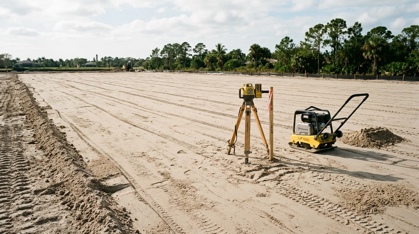 A freshly graded and compacted residential site in Naples, FL, with level sandy subgrade cleared and ready for concrete installation. The surrounding landscape reflects a typical Southwest Florida property prepared ahead of a driveway or patio pour.