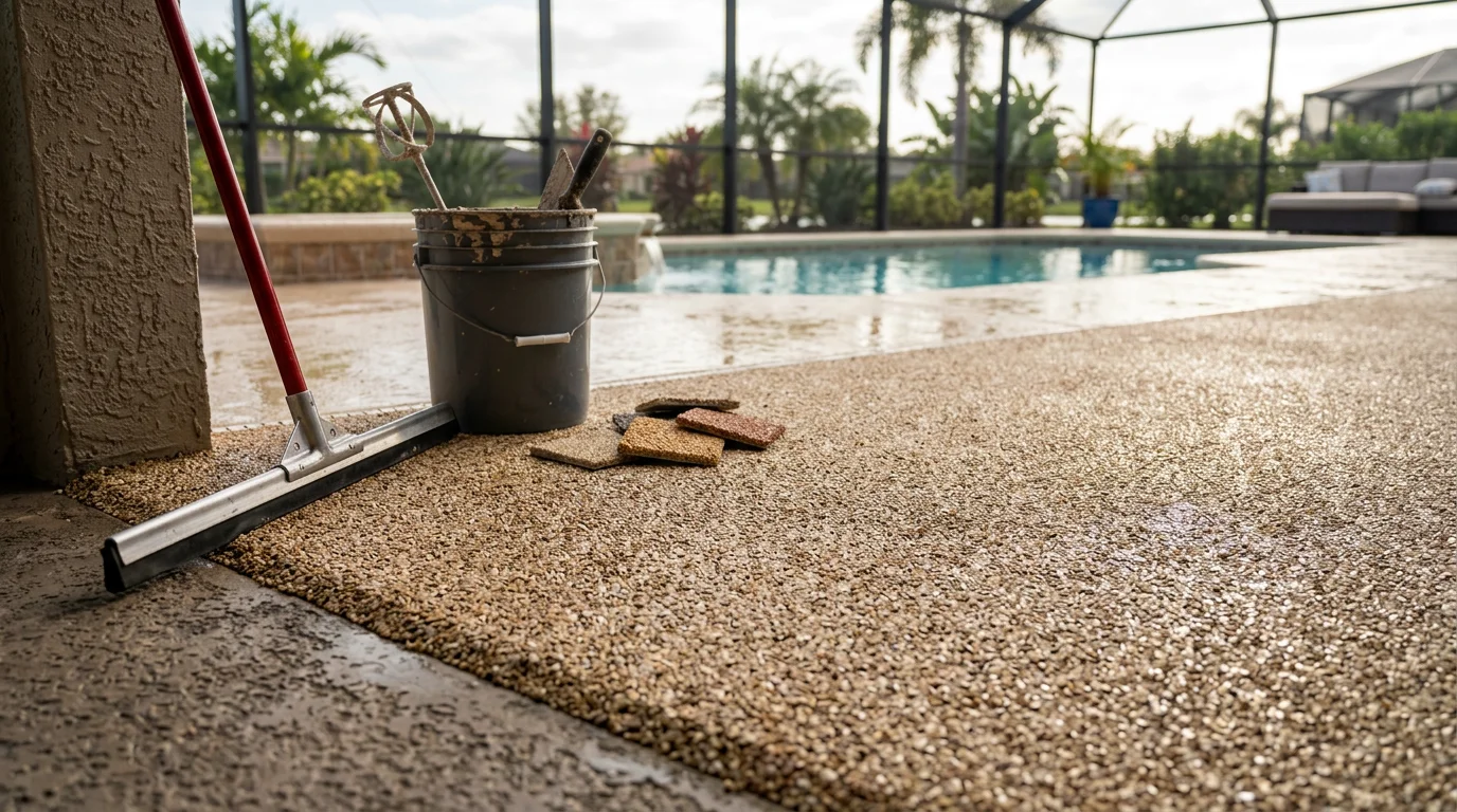 Slip-resistant flooring installed on a Naples, FL outdoor lanai surface, showing a textured finish designed to hold traction in wet conditions. The surface surrounds a residential outdoor living area typical of Southwest Florida homes.