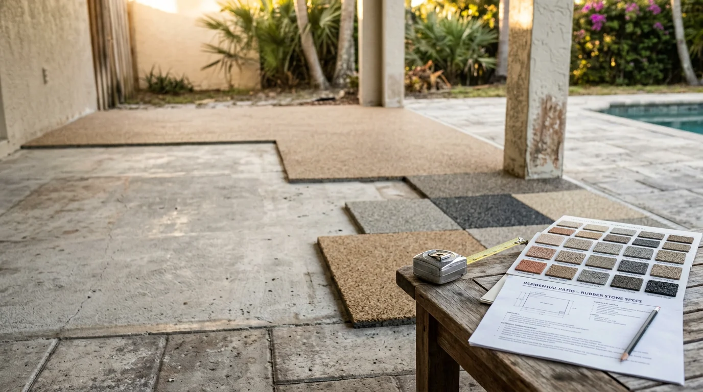 A SWFL Rubber Stone LLC surface design consultation in progress at a Naples, FL home, showing a husband and wife team reviewing rubber stone surface samples with a homeowner beside an outdoor pool deck area.
