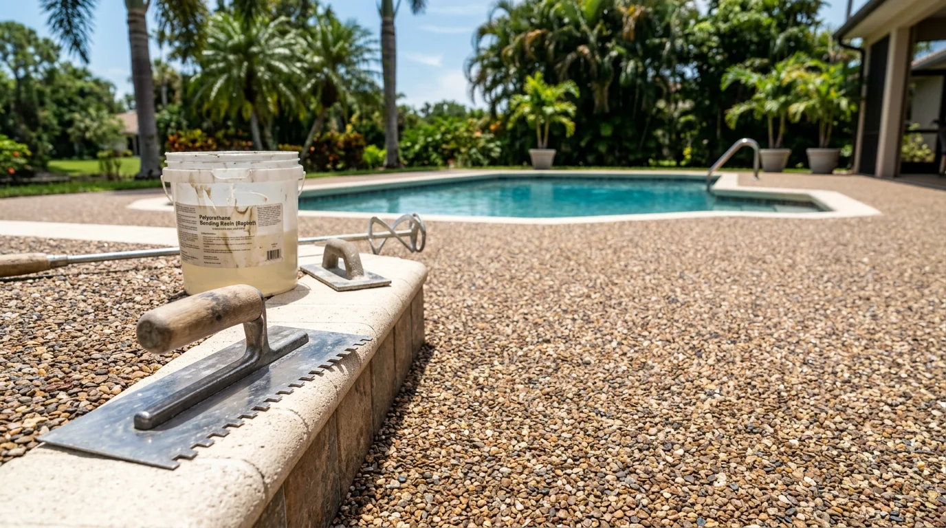 UV-stable rubber stone surface installed on a Naples, FL outdoor area, showing a seamless, textured finish in direct sunlight with no visible fading or cracking. The surface extends across a pool deck area typical of Southwest Florida residential properties.